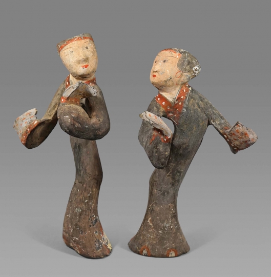 Fine Pair of Chinese Unglazed Pottery Dancers