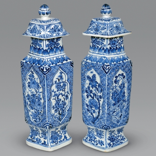 Very Rare Pair of Chinese Blue and White Porcelain Lozenge-Shaped Vases and Covers