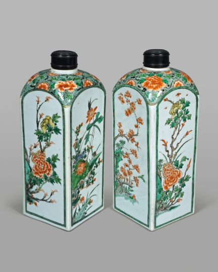 Pair of Chinese Famille Verte Porcelain Quadrangular Bottles