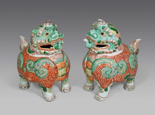 Pair of Chinese Famille Verte and Rouge de Fer Glazed Porcelain Qilin Ewers