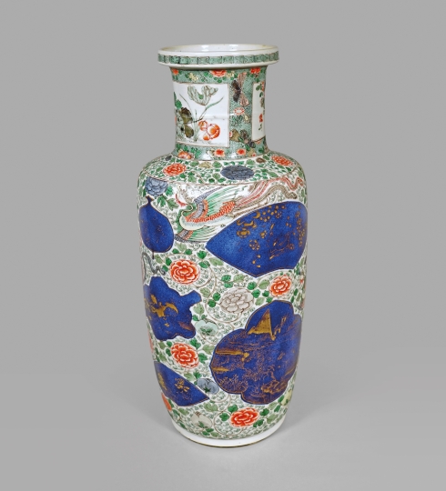 Chinese Famille Verte and Powder Blue Porcelain Rouleau Vase