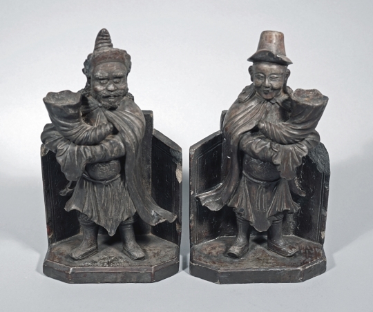 Rare Pair of Chinese Black Stoneware Figural Pricket Candle Holders