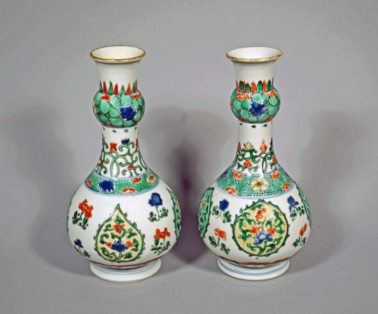 Pair of Chinese Famille Verte Porcelain Garlic Mouth Vases