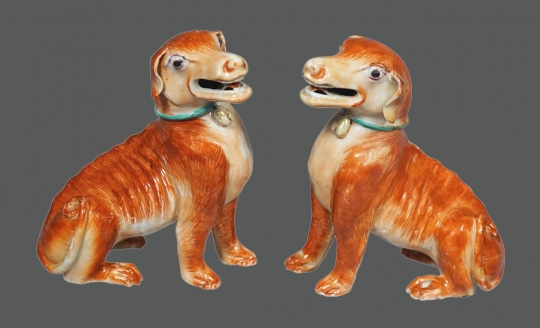 Superb Pair of Chinese Rouge de Fer Porcelain Seated Hounds