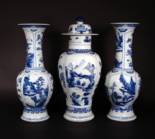 Chinese Three Piece Large Blue and White Porcelain Garniture