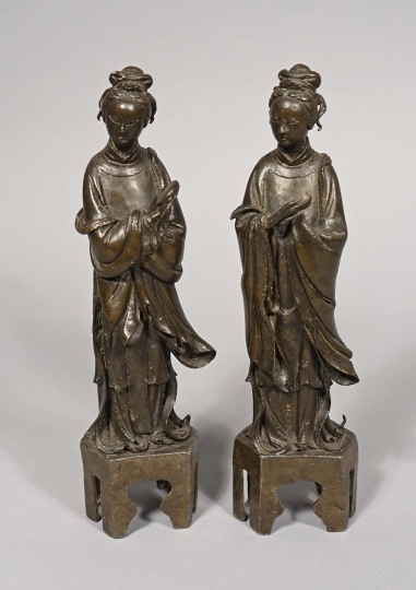 Pair of Chinese Bronze Figures of Standing Ladies