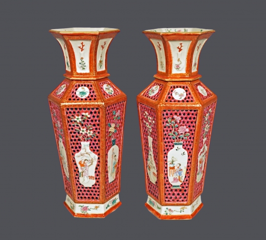 Pair of Chinese Famille Rose Openwork Porcelain Vases