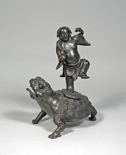 Chinese Bronze Censer of a Happiness Twin Standing on a Three Legged Toad
